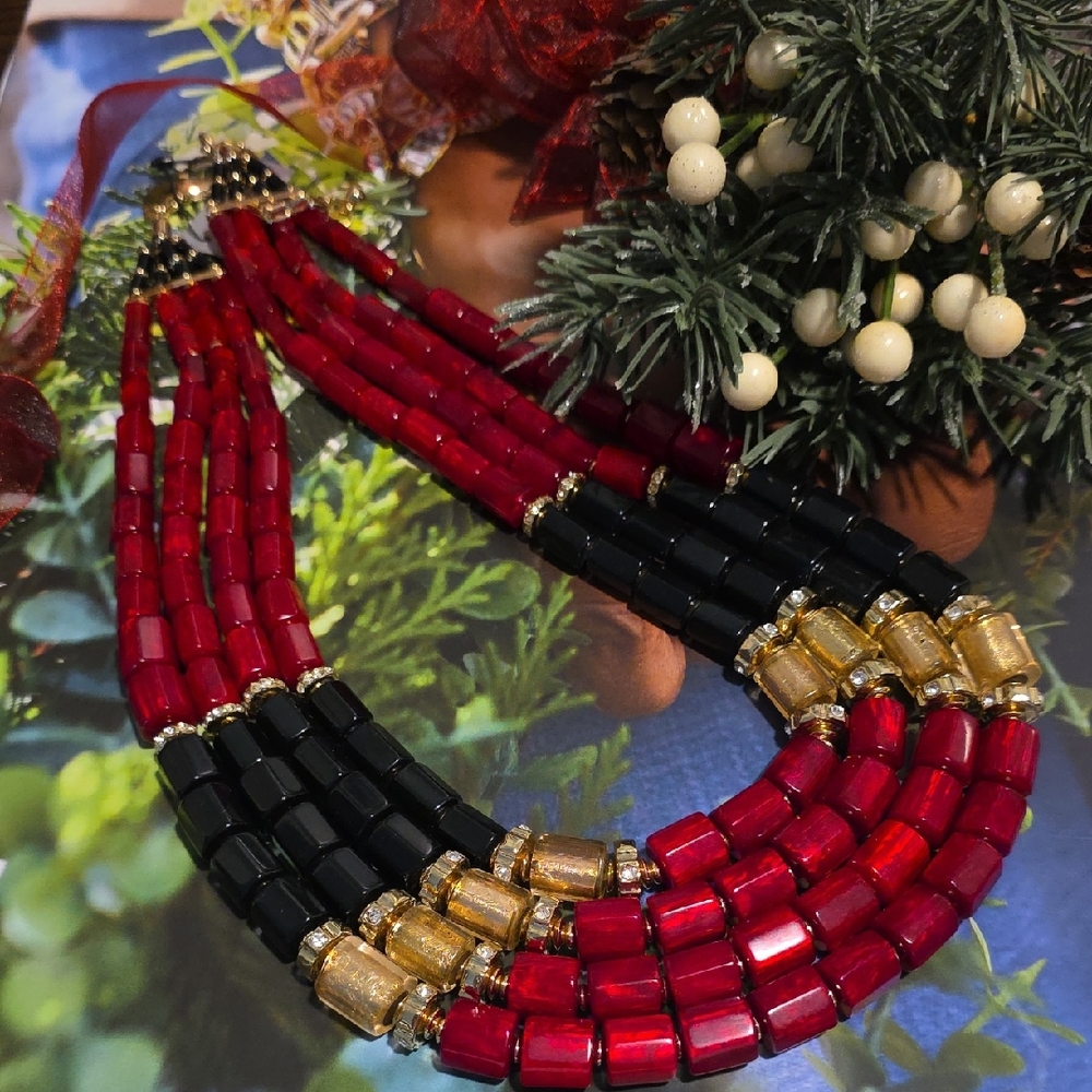 Chico's Red, Black, and Gold Beaded Necklace